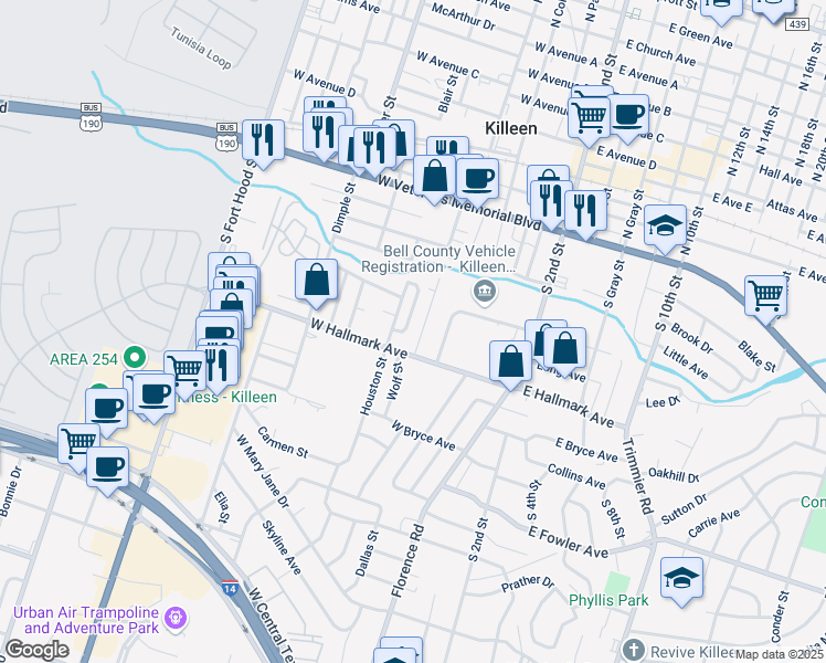 map of restaurants, bars, coffee shops, grocery stores, and more near 603 Wolf Street in Killeen