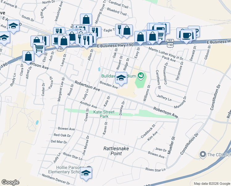 map of restaurants, bars, coffee shops, grocery stores, and more near 1105 Robertson Avenue in Copperas Cove