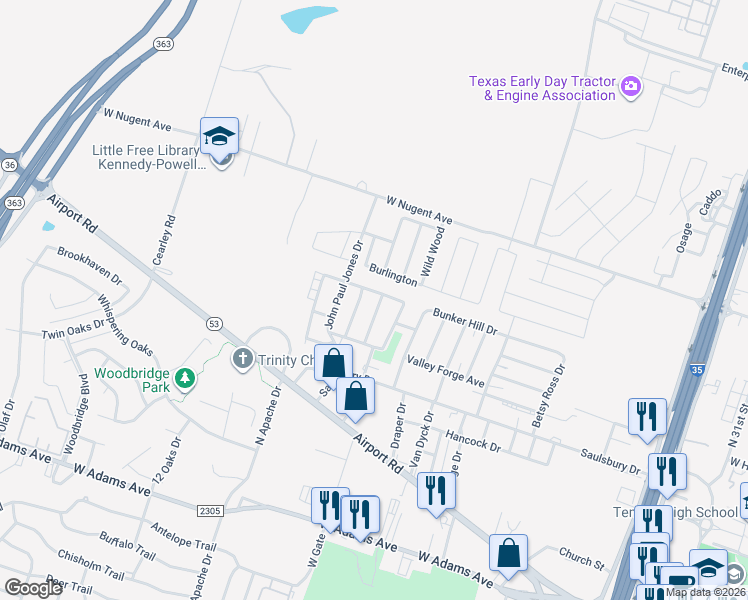 map of restaurants, bars, coffee shops, grocery stores, and more near 917 Westpoint Street in Temple