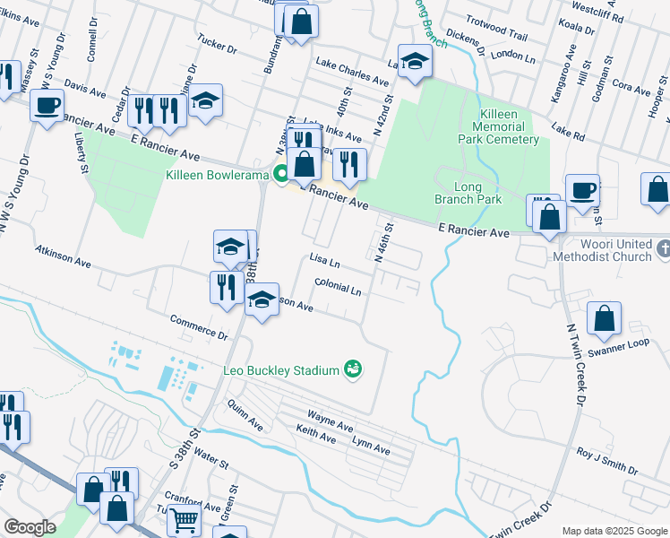 map of restaurants, bars, coffee shops, grocery stores, and more near 716 Lisa Lane in Killeen