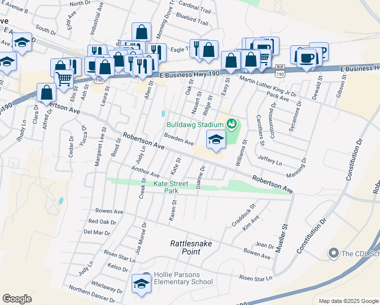 map of restaurants, bars, coffee shops, grocery stores, and more near 1105 Robertson Avenue in Copperas Cove