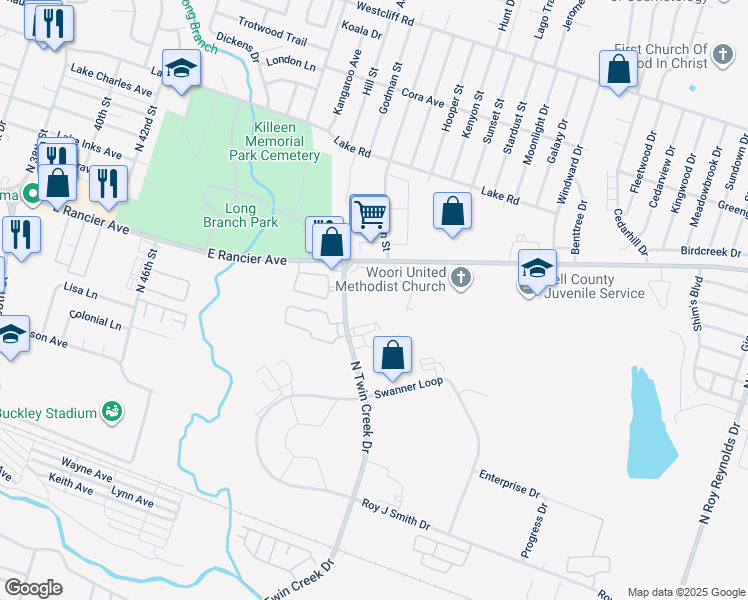 map of restaurants, bars, coffee shops, grocery stores, and more near 1100 North Twin Creek Drive in Killeen