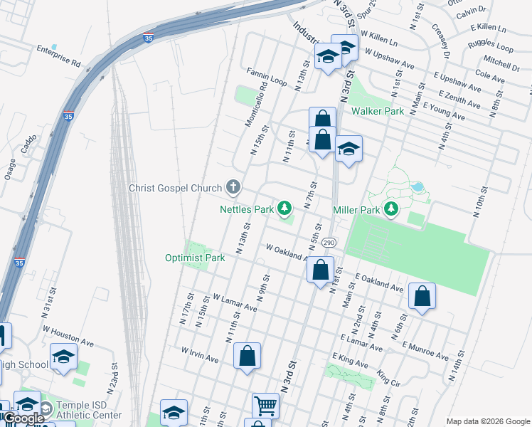 map of restaurants, bars, coffee shops, grocery stores, and more near 602 Park Place Lane in Temple