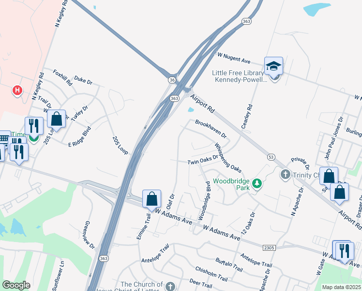 map of restaurants, bars, coffee shops, grocery stores, and more near 607 Olaf Drive in Temple