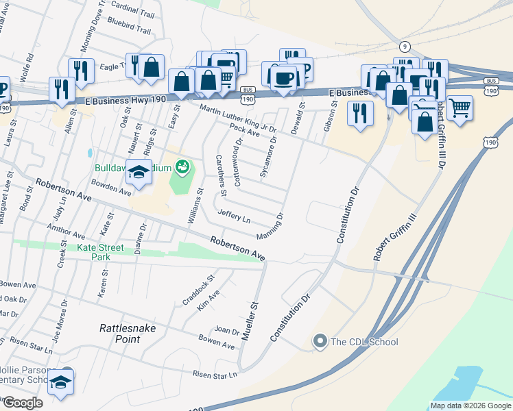 map of restaurants, bars, coffee shops, grocery stores, and more near 426 Cottonwood Drive in Copperas Cove