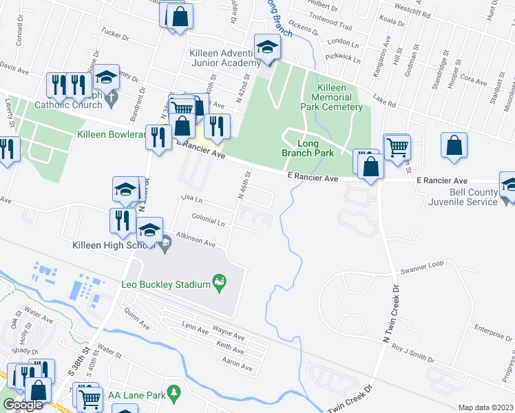 map of restaurants, bars, coffee shops, grocery stores, and more near 26 North Northcliffe Drive in Killeen