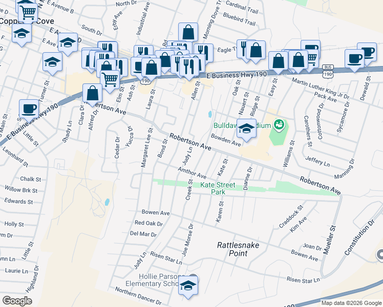 map of restaurants, bars, coffee shops, grocery stores, and more near 506 Creek Street in Copperas Cove