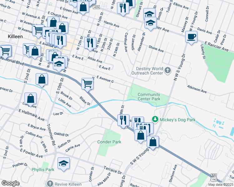 map of restaurants, bars, coffee shops, grocery stores, and more near 111 South 28th Street in Killeen