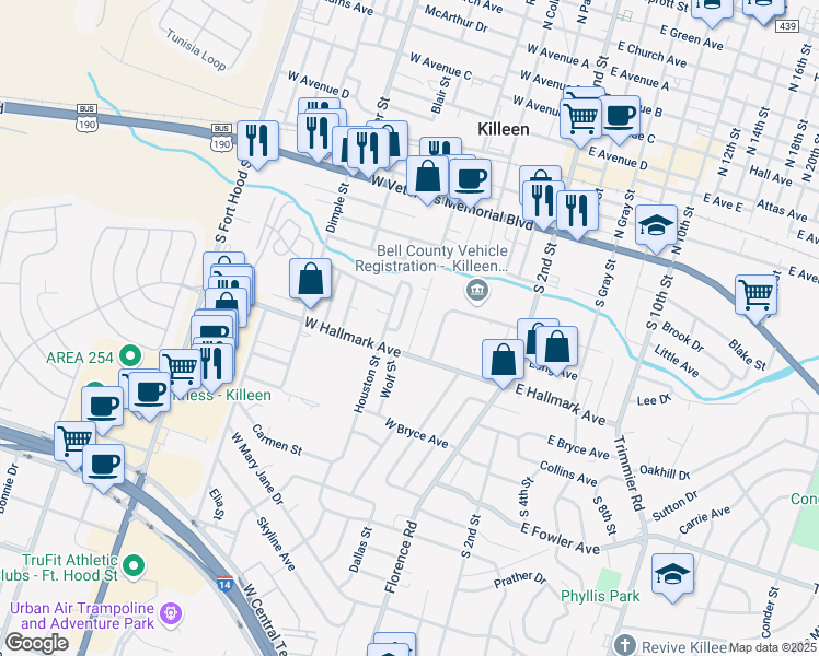 map of restaurants, bars, coffee shops, grocery stores, and more near 603 Wolf Street in Killeen