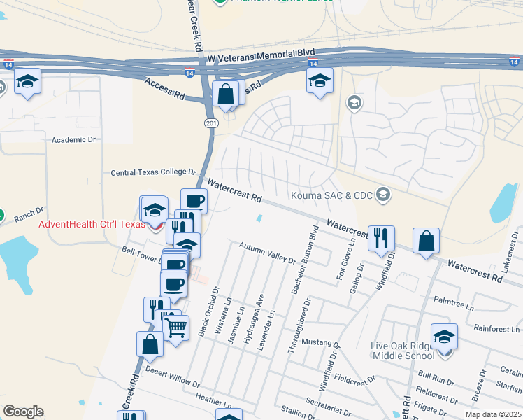 map of restaurants, bars, coffee shops, grocery stores, and more near 5016 Watercrest Road in Killeen