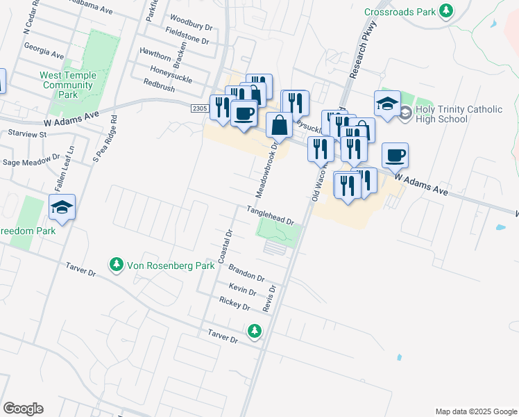 map of restaurants, bars, coffee shops, grocery stores, and more near 313 Meadowbrook Drive in Temple