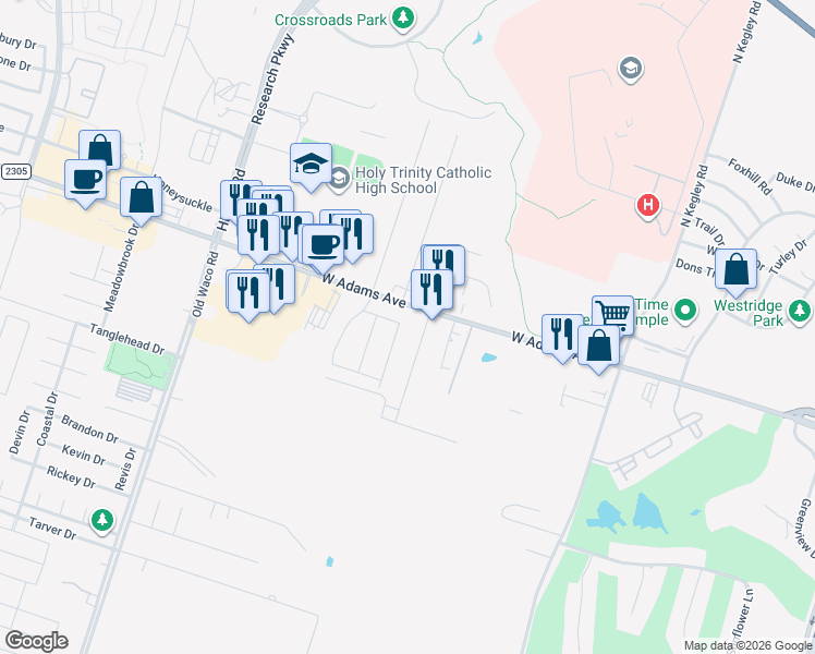 map of restaurants, bars, coffee shops, grocery stores, and more near 9 Burnham Drive in Temple