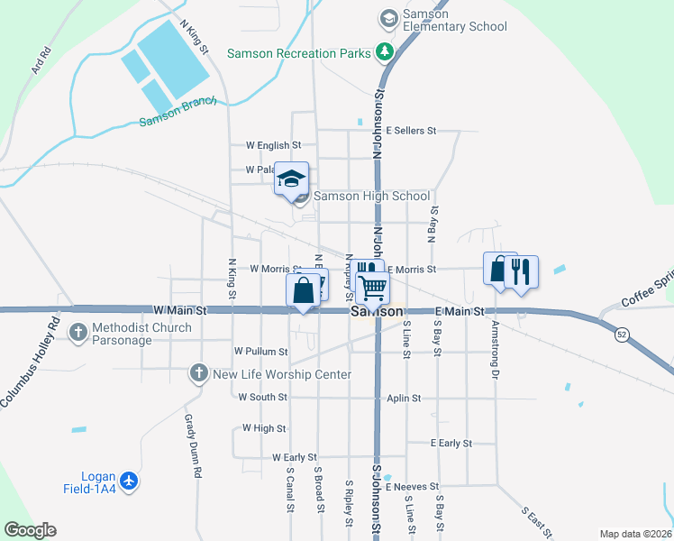 map of restaurants, bars, coffee shops, grocery stores, and more near 98 E Morris St in Samson