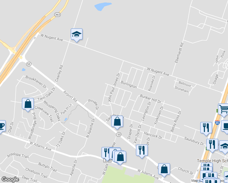 map of restaurants, bars, coffee shops, grocery stores, and more near 909 John Paul Jones Drive in Temple