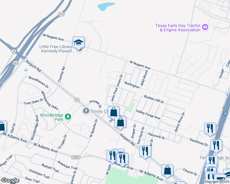 map of restaurants, bars, coffee shops, grocery stores, and more near 909 John Paul Jones Drive in Temple