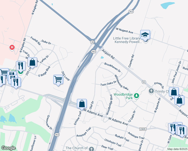 map of restaurants, bars, coffee shops, grocery stores, and more near 607 Olaf Drive in Temple