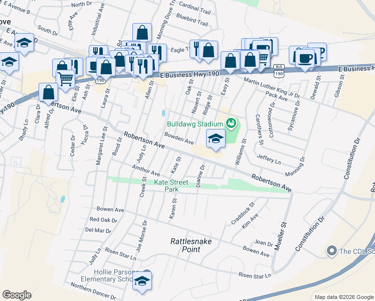 map of restaurants, bars, coffee shops, grocery stores, and more near 1105 Robertson Avenue in Copperas Cove