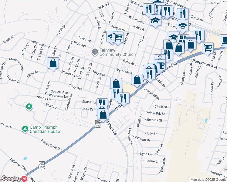 map of restaurants, bars, coffee shops, grocery stores, and more near 448 Town Square in Copperas Cove