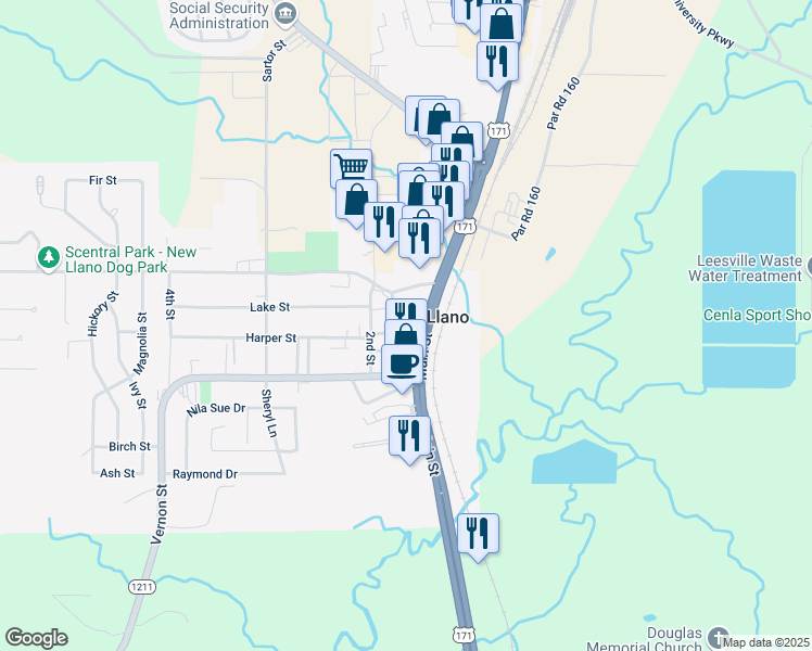 map of restaurants, bars, coffee shops, grocery stores, and more near 108-114 Lake Street in Newllano