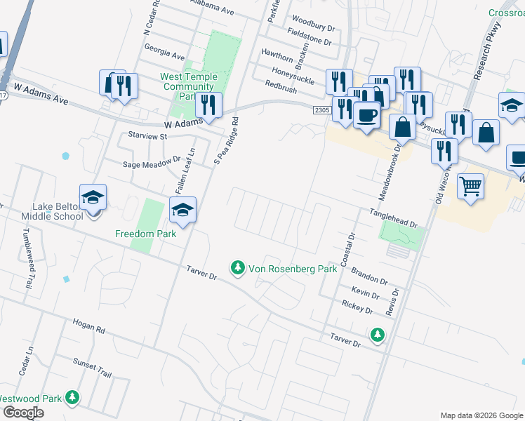 map of restaurants, bars, coffee shops, grocery stores, and more near 704 Copper Ridge Loop in Temple