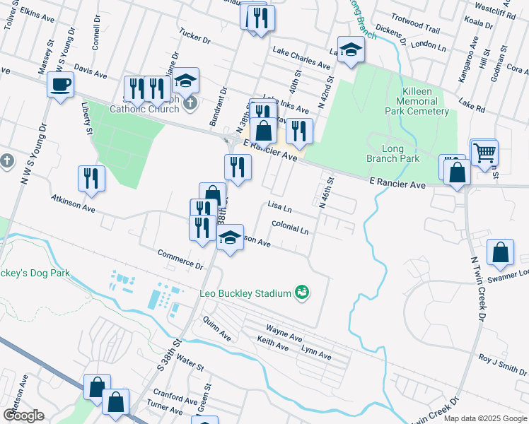 map of restaurants, bars, coffee shops, grocery stores, and more near 608 Lisa Lane in Killeen