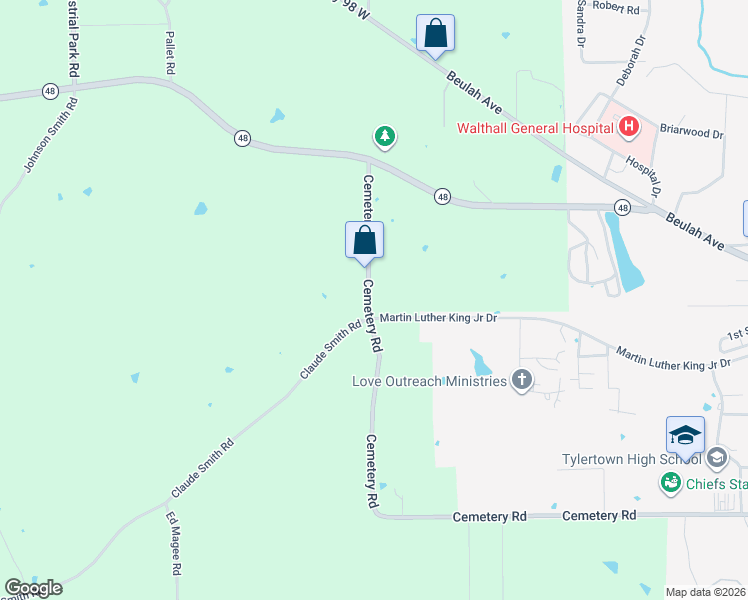 map of restaurants, bars, coffee shops, grocery stores, and more near 161 Cemetery Road in Tylertown