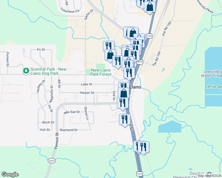 map of restaurants, bars, coffee shops, grocery stores, and more near Charper Lane in Newllano