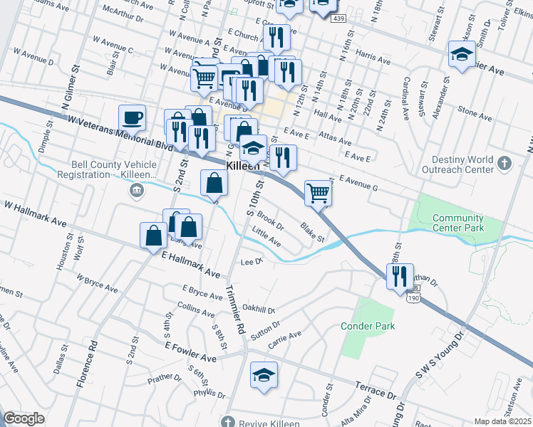 map of restaurants, bars, coffee shops, grocery stores, and more near 509 Brook Drive in Killeen