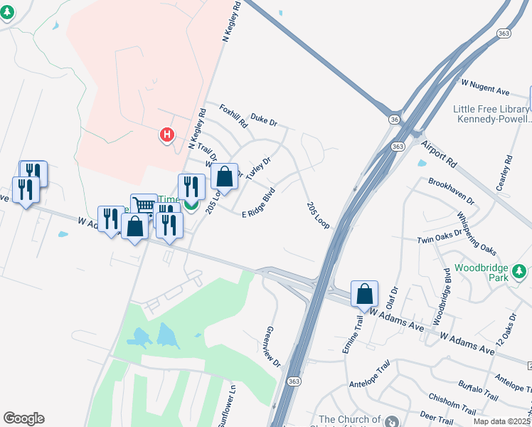 map of restaurants, bars, coffee shops, grocery stores, and more near 301-499 East Ridge Boulevard in Temple