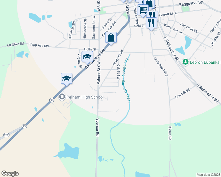 map of restaurants, bars, coffee shops, grocery stores, and more near 363 Sellers Street Southwest in Pelham