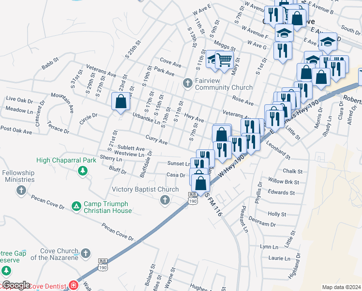 map of restaurants, bars, coffee shops, grocery stores, and more near 1211 South 9th Street in Copperas Cove