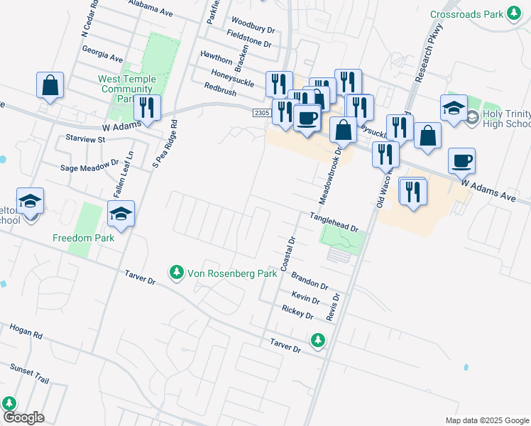 map of restaurants, bars, coffee shops, grocery stores, and more near 7322 Pappus Court in Temple