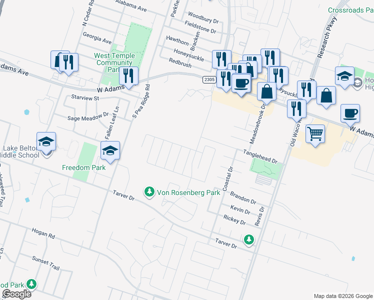 map of restaurants, bars, coffee shops, grocery stores, and more near 8015 West Adams Avenue in Temple