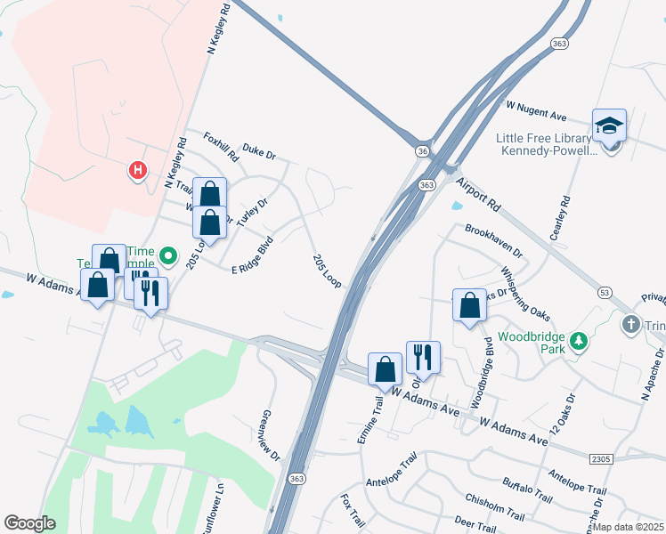 map of restaurants, bars, coffee shops, grocery stores, and more near 4709 205 Loop in Temple