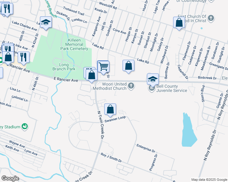 map of restaurants, bars, coffee shops, grocery stores, and more near 1006 Eastside Drive in Killeen