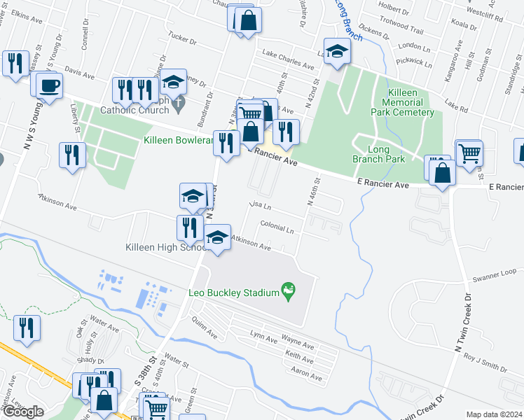 map of restaurants, bars, coffee shops, grocery stores, and more near 608 Lisa Lane in Killeen