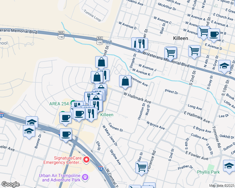 map of restaurants, bars, coffee shops, grocery stores, and more near 708 West Hallmark Avenue in Killeen