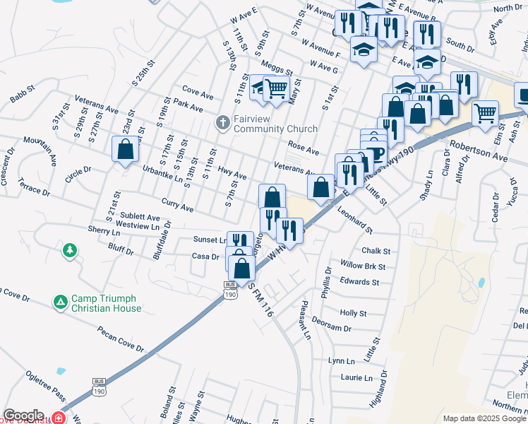 map of restaurants, bars, coffee shops, grocery stores, and more near 448 Town Square in Copperas Cove