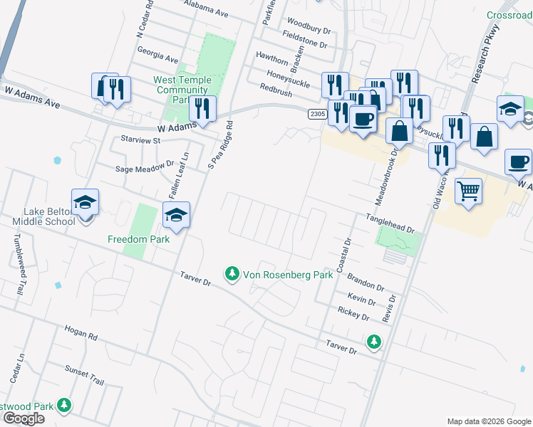 map of restaurants, bars, coffee shops, grocery stores, and more near 8015 West Adams Avenue in Temple