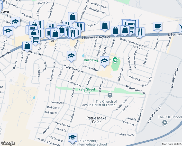 map of restaurants, bars, coffee shops, grocery stores, and more near 1007 Robertson Avenue in Copperas Cove