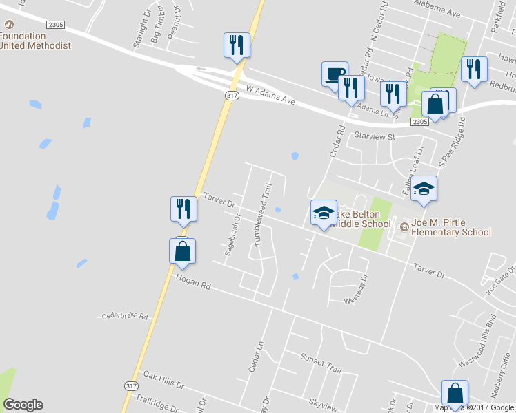 map of restaurants, bars, coffee shops, grocery stores, and more near 822 Tumbleweed Trail in Temple