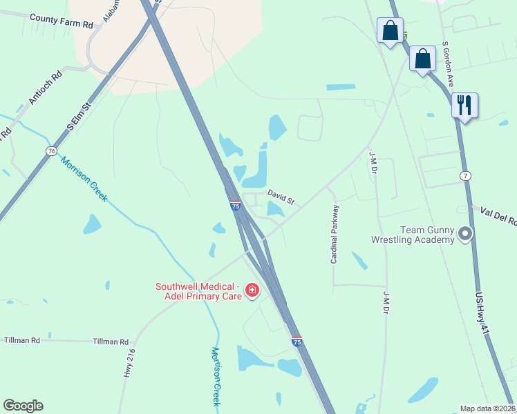 map of restaurants, bars, coffee shops, grocery stores, and more near David Street in Adel