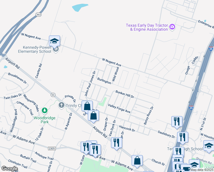 map of restaurants, bars, coffee shops, grocery stores, and more near 2906 Trenton Drive in Temple
