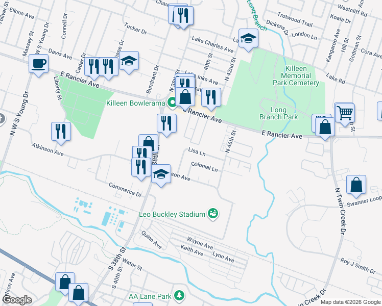 map of restaurants, bars, coffee shops, grocery stores, and more near 608 Lisa Lane in Killeen