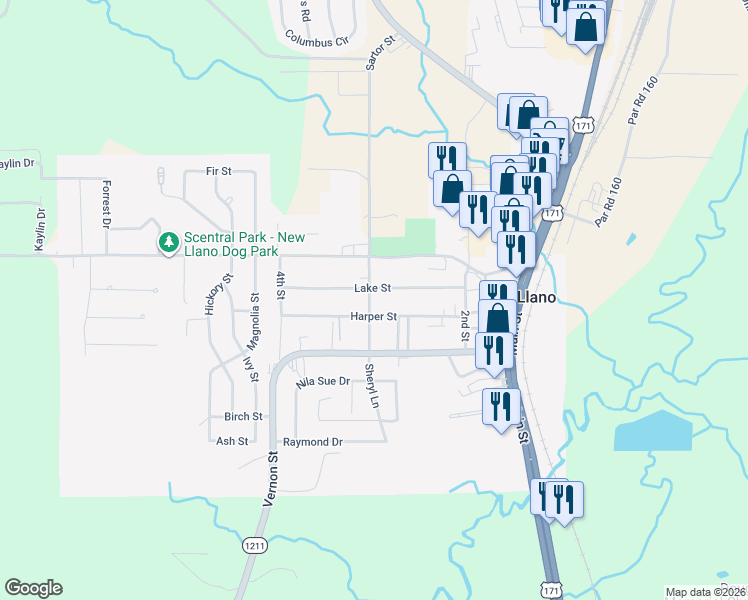 map of restaurants, bars, coffee shops, grocery stores, and more near 206 3rd Street in New Llano