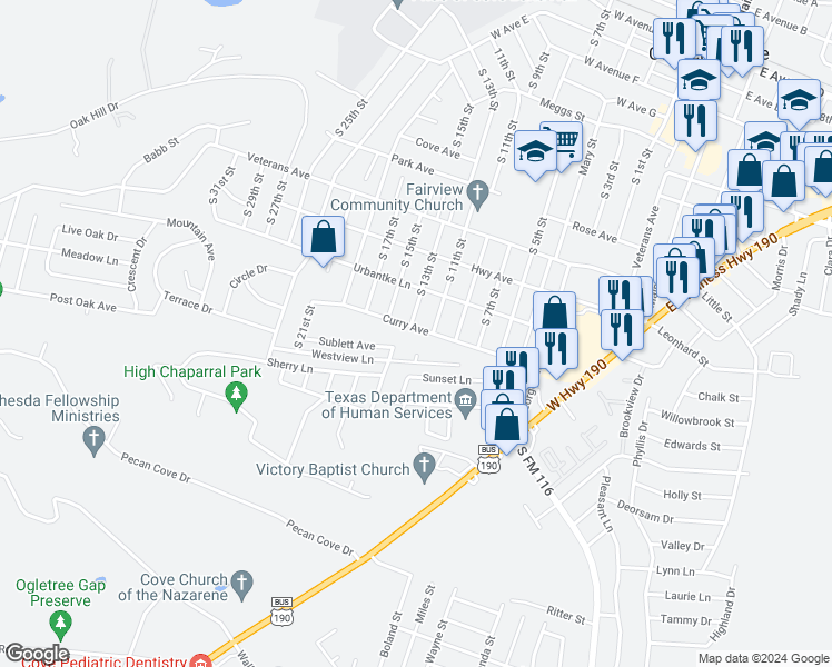 map of restaurants, bars, coffee shops, grocery stores, and more near 805 Curry Avenue in Copperas Cove