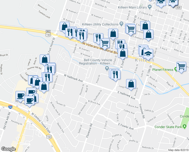 map of restaurants, bars, coffee shops, grocery stores, and more near 603 Wolf Street in Killeen