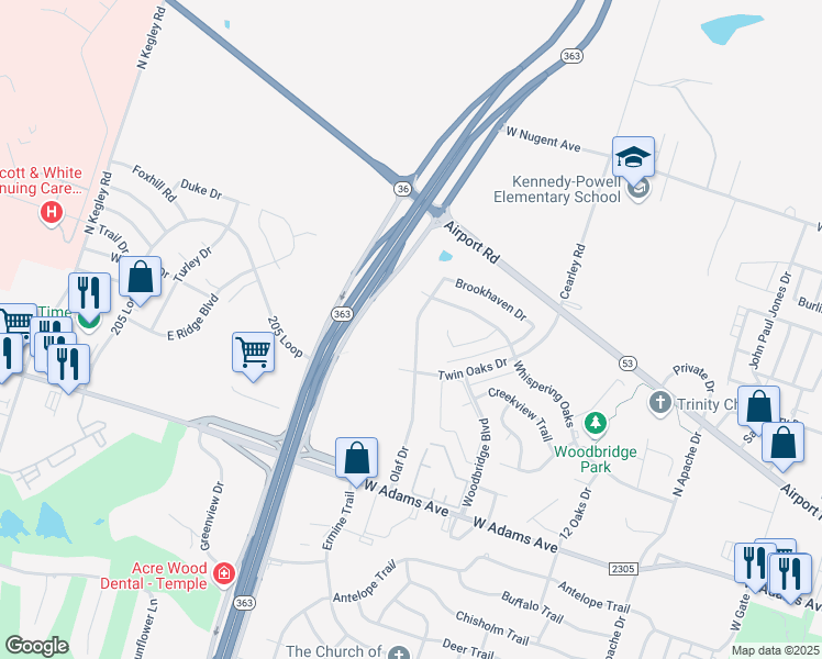 map of restaurants, bars, coffee shops, grocery stores, and more near 612 Olaf Drive in Temple