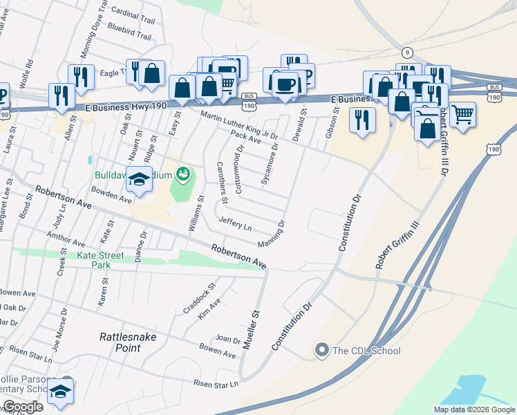 map of restaurants, bars, coffee shops, grocery stores, and more near 420 Cottonwood Drive in Copperas Cove