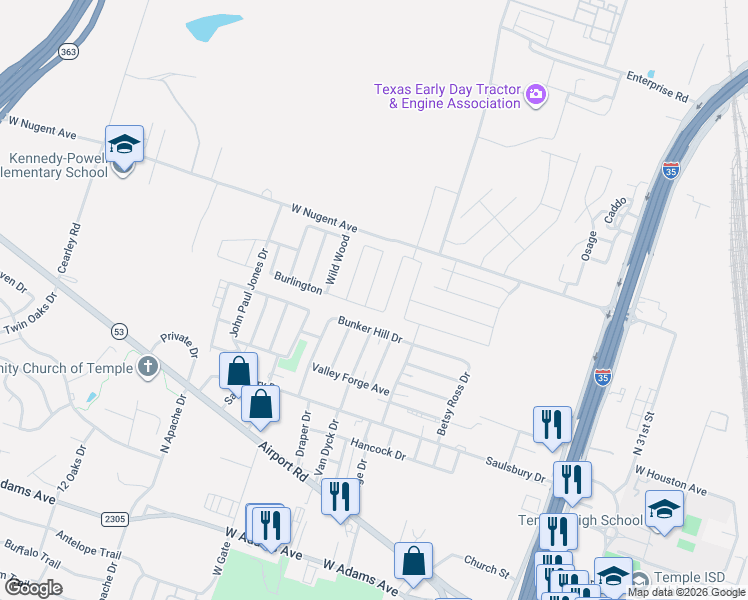 map of restaurants, bars, coffee shops, grocery stores, and more near 2727 Burlington in Temple